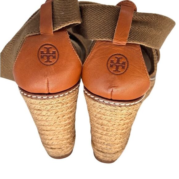 Tory Burch Designer Espadrille Wedges Sz 11 Olive Canvas Cognac Leather EUC - Picture 3 of 9